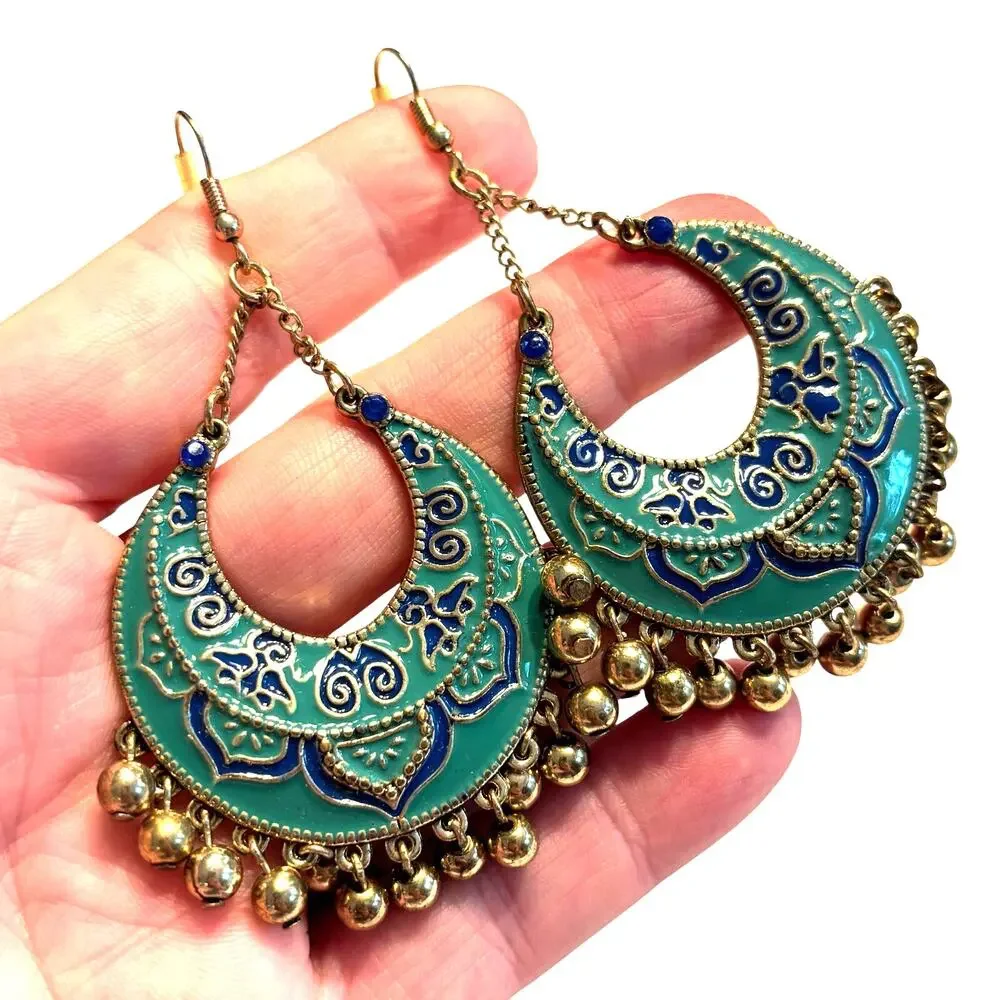 Vintage pierced earrings Boho Moroccan ornate drop dangle hoops green blue gold